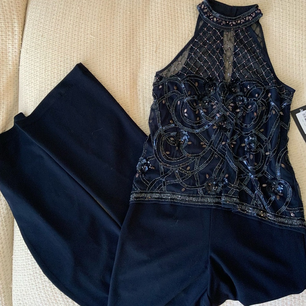 Aidan Mattox New With Tags Beaded Halter Formal Jumpsuit Gown Navy Blue MOB
